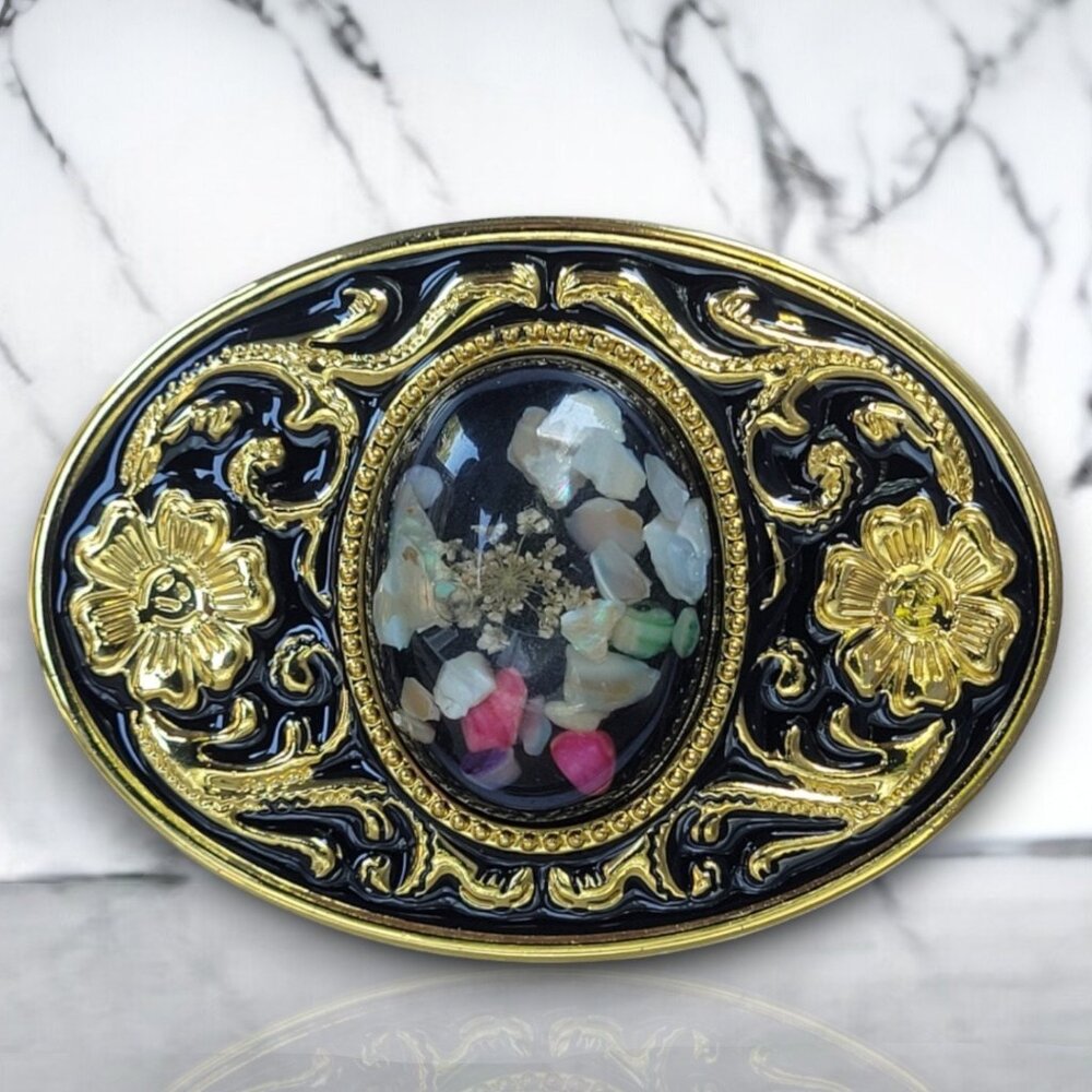 Resin Multicolor Gem Stones and Wild Flower Belt Buckle